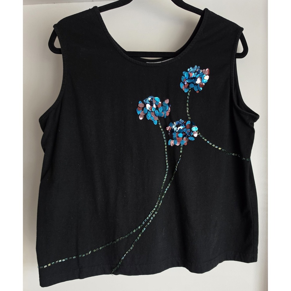 Vintage Haband SET XL Tank Top and Cardigan Black Cotton Embellished Flowers